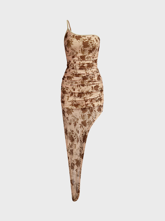 asymmetrical design One Shoulder Floral Sleeveless Maxi Dress