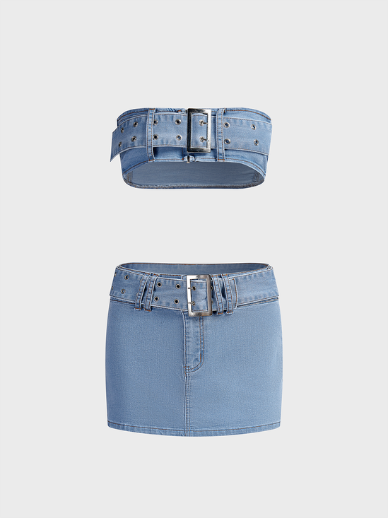 Denim Plain Top With Skirt Two-Piece Set