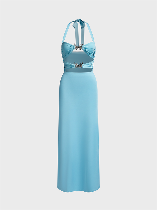 Backless Cut Out Metal Detail Halter Plain Sleeveless Maxi Dress