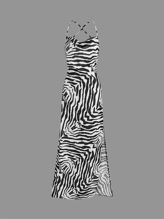 Backless Side Slit Halter Zebra Sleeveless Maxi Dress