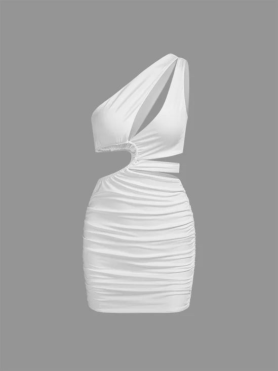asymmetrical design cut out One Shoulder Plain Sleeveless Short Dress
