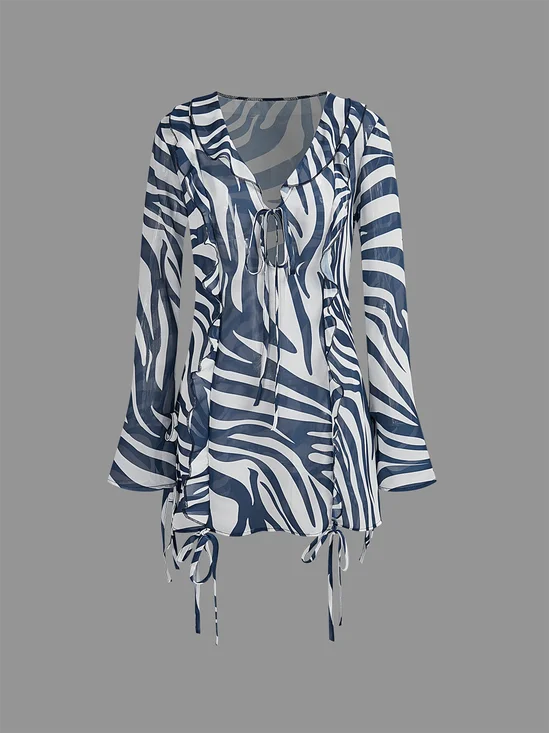 Bell Sleeves Deep V Neck Zebra Long Sleeve Short Dress
