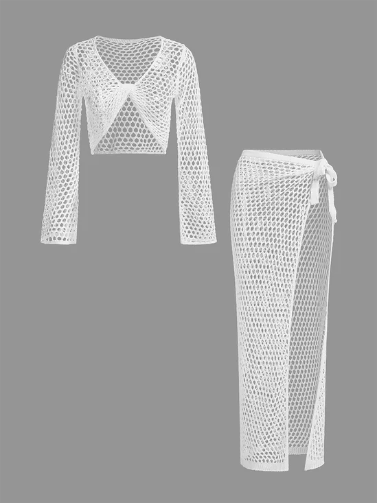 Cut Out Split Plain Top With Skirt Two-Piece Set