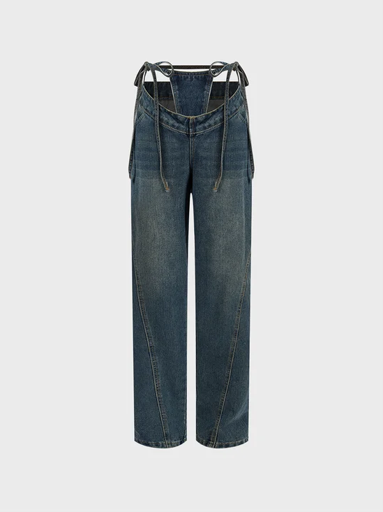 Cut Out Plain Straight Pants Jeans