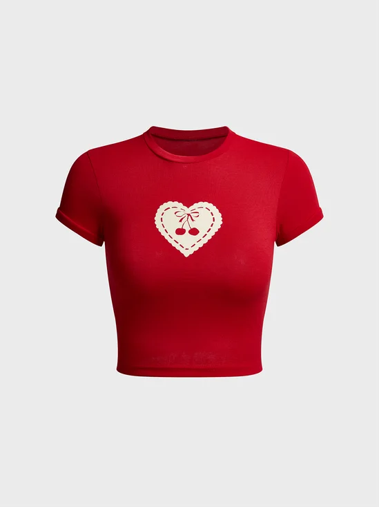 Crew Neck Heart/Cordate Short Sleeve T-shirt