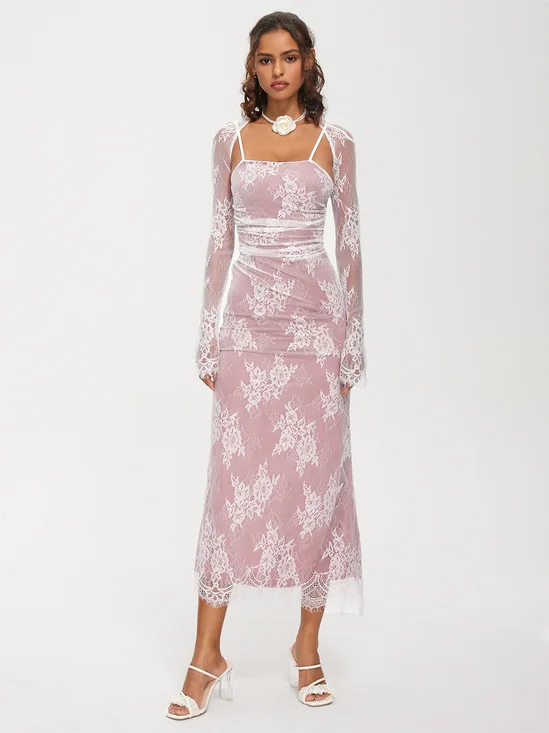 Double Layer lace Spaghetti Floral Long Sleeve Maxi Dress