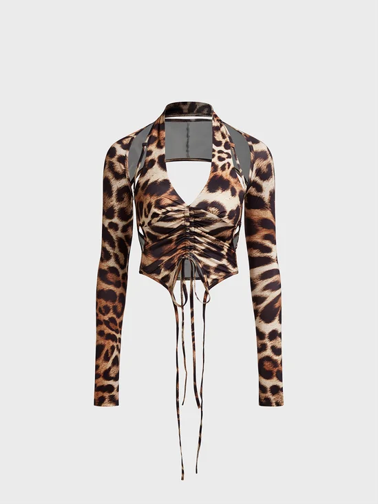 Jersey Halter Leopard Long Sleeve Blouse