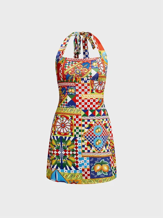Halter Geometric Sleeveless Mini Dress