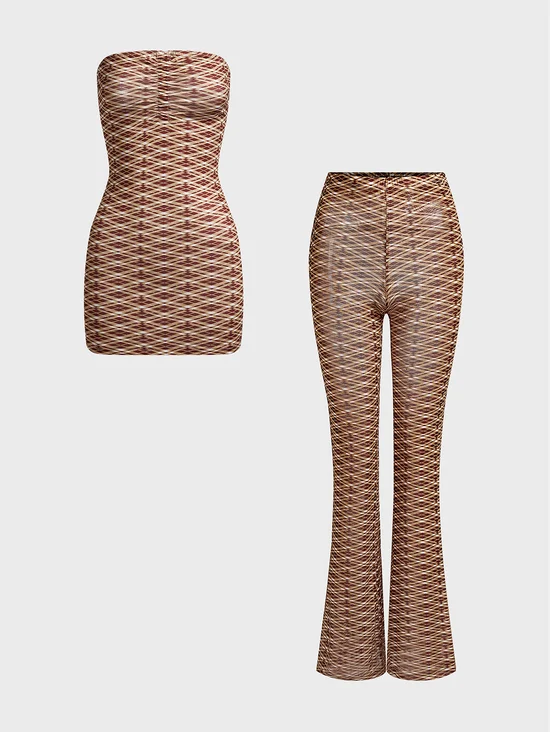 Mesh Plaid Dress With Pants Two-Piece Set