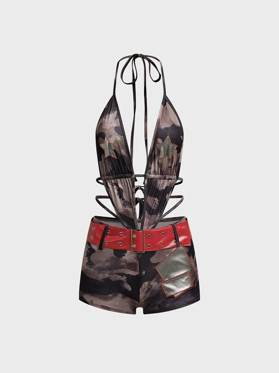 Jersey Backless Cut Out Halter Camo Sleeveless Jumpsuit