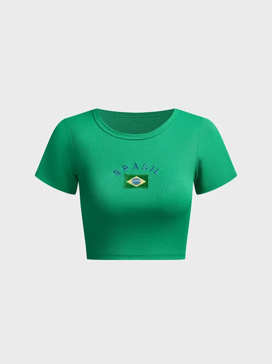 Jersey Brasil Crew Neck Plain Short Sleeve T-shirt