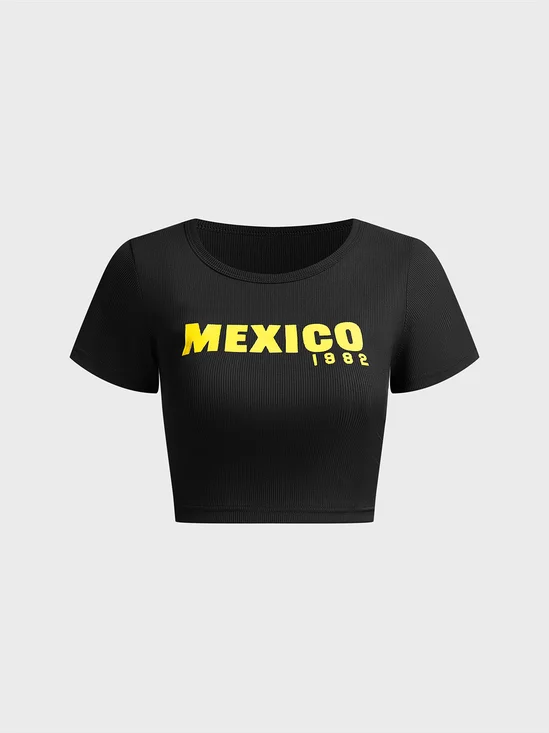 Jersey Mexico Crew Neck Text Letters Short Sleeve T-shirt