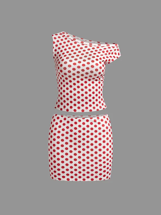Jersey Polka Dots Top With Skirt Two-Piece Set