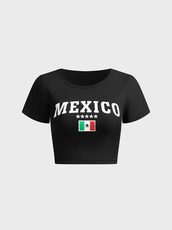 Jersey Mexico Crew Neck Text Letters Short Sleeve T-shirt
