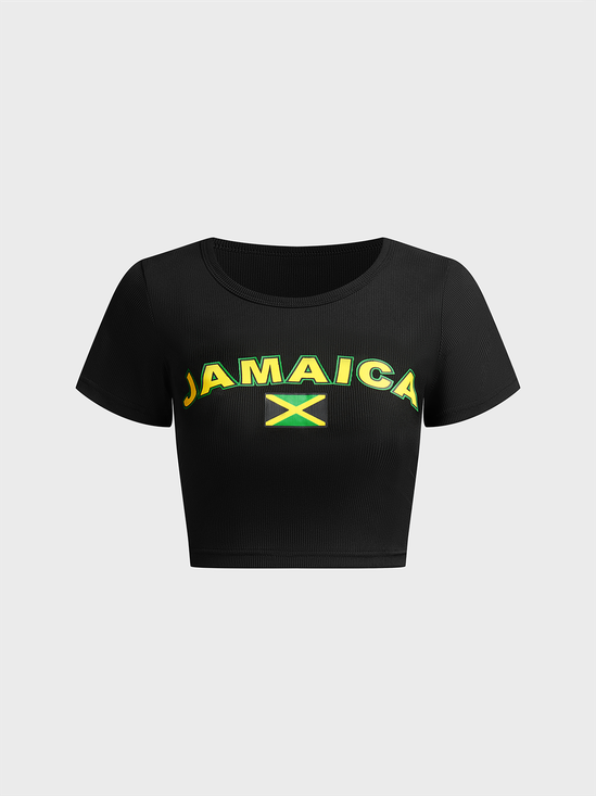 Jersey Jamaica Crew Neck Text Letters Short Sleeve T-shirt