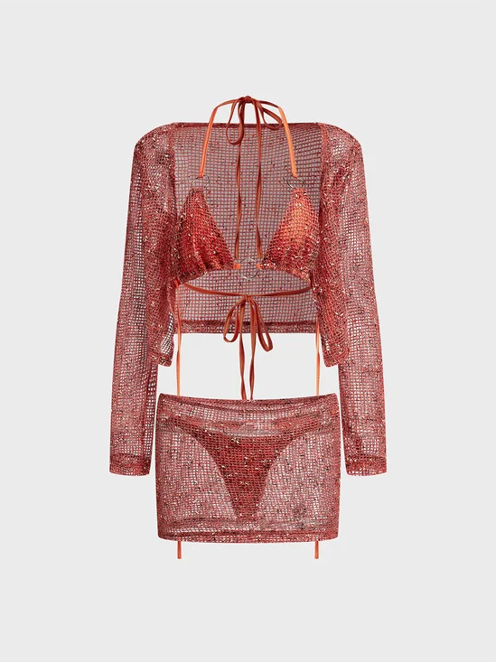Knitted Cut Out Metal Detail Bikini Plain Multi-Piece Set Matching Outfit