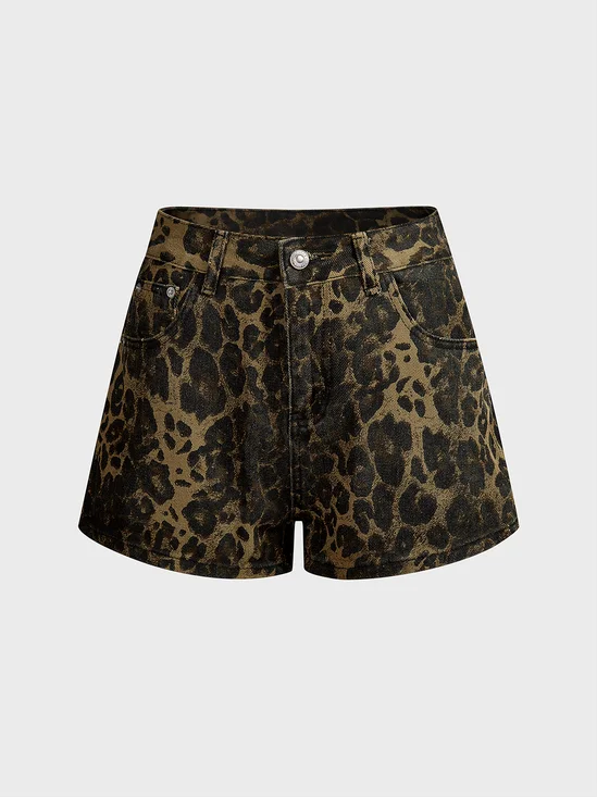 Twill Leopard Slim Fit Pants Shorts