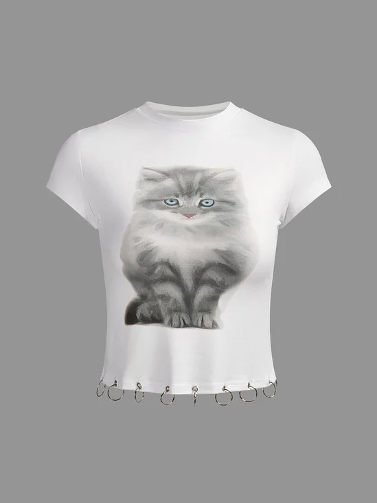 Jersey Crew Neck Cat Short Sleeve T-shirt