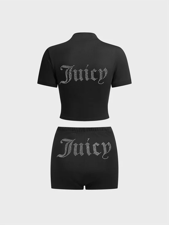 Jersey Hotfix Rhinestone Text Letters Top With Pants Two-Piece Set