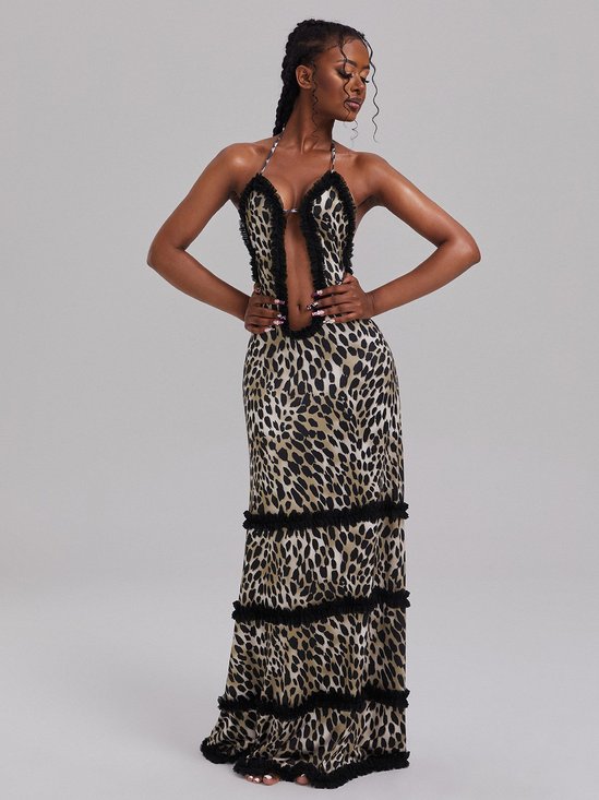 Halter Leopard Sleeveless Maxi Dress