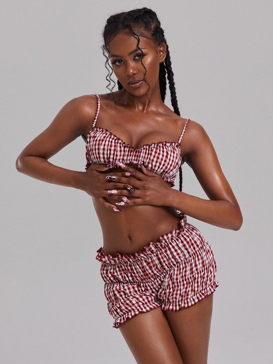 Polyester Cotton Plaid Top With Pants Two-Piece Set