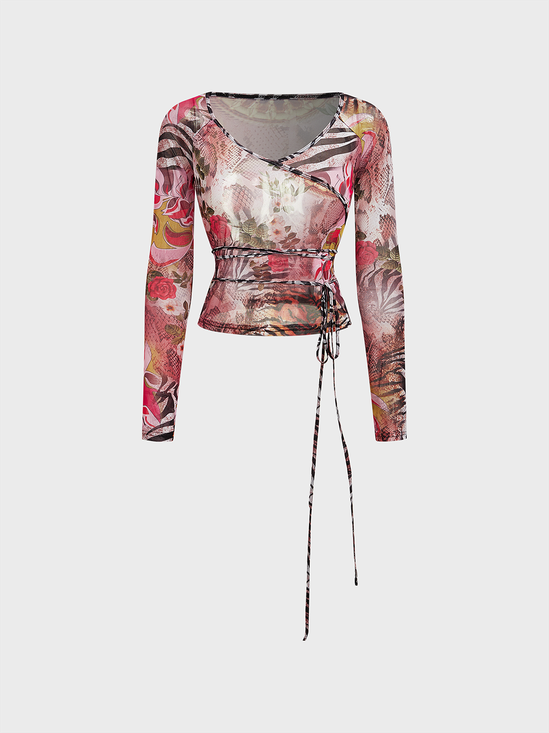 Mesh V Neck Floral Long Sleeve T-shirt