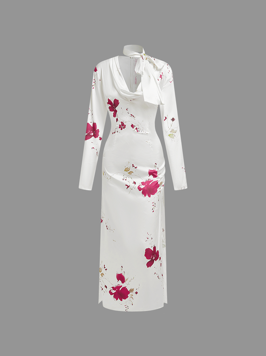 Cowl Neck Floral Long Sleeve Maxi Dress