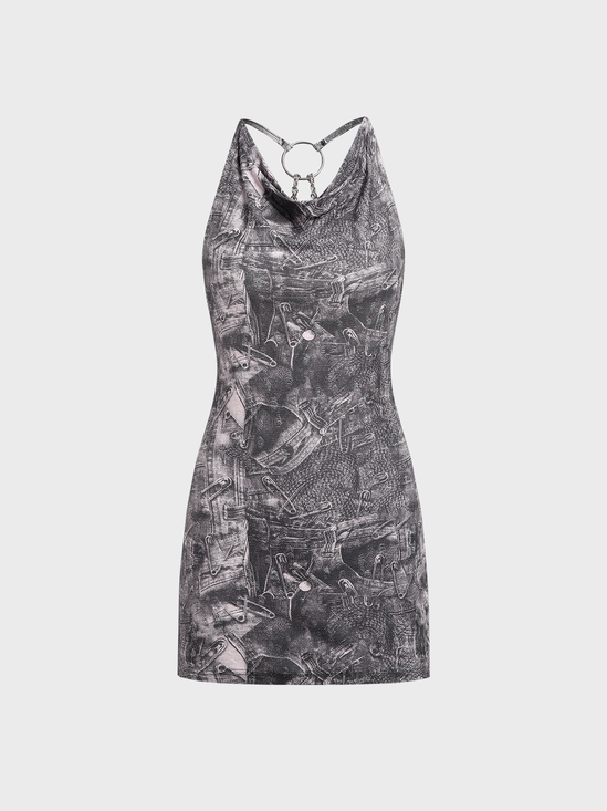 Cowl Neck Denim Print Graphic Sleeveless Mini Dress