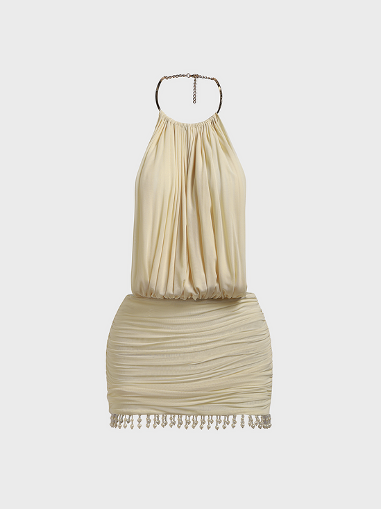 Halterneck Cutout Backless Pearl Fringe Hem Mini Dress