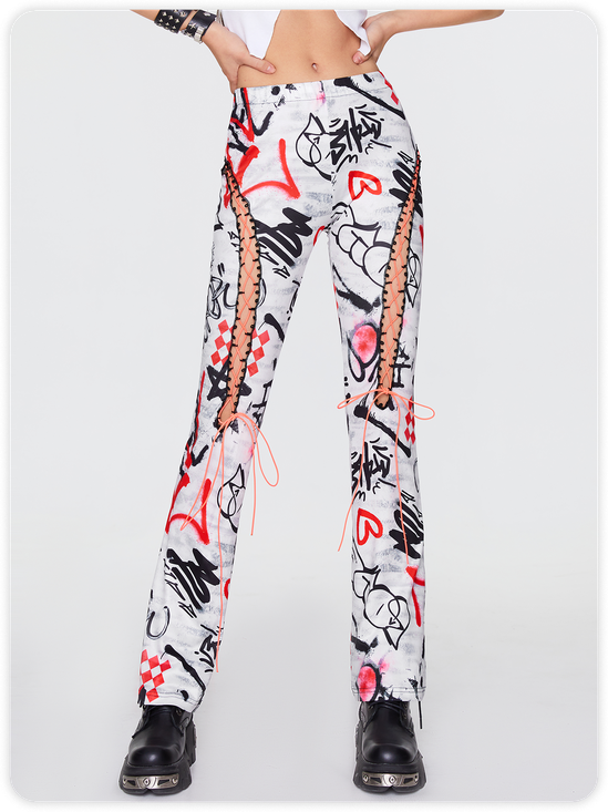Punk White Lace-Up Design Graffiti Halloween Bottom Pants