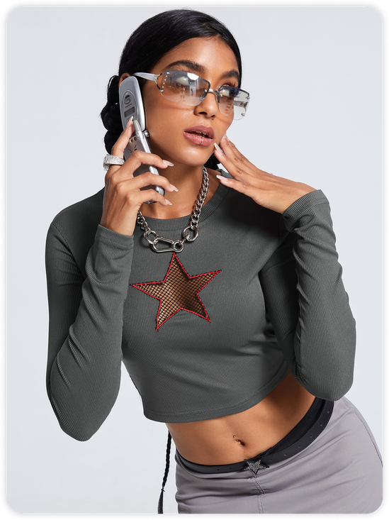 Y2K Deep Gray Star Cut Out Top T-Shirt