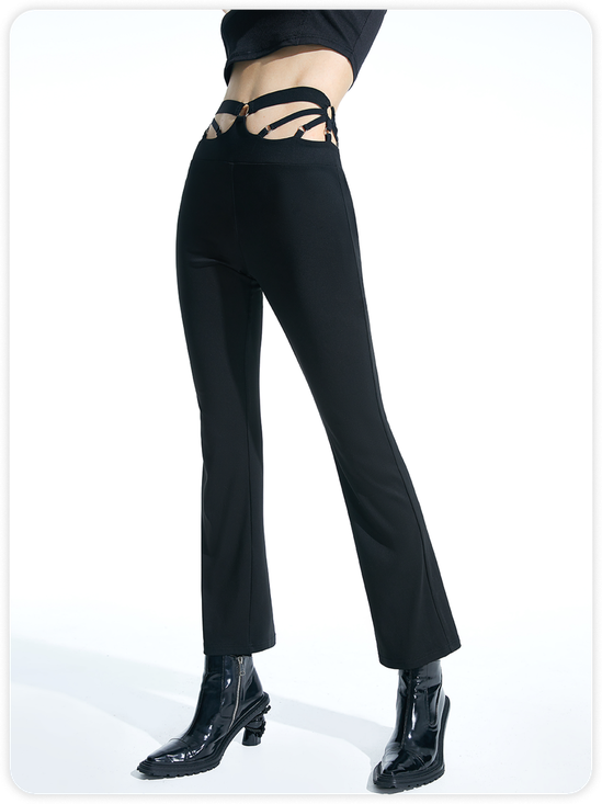 Edgy Black Cut Out Metal Flare Bottom Pants
