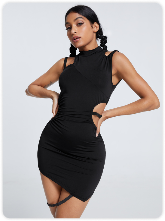 Edgy Black Asymmetrical Design Cut Out Cyberpunk Dress Mini Dress