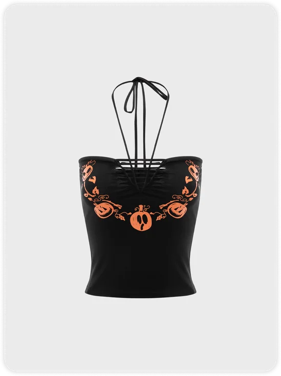 Punk Black Graphic Halter Cut Out Halloween Top Tank Top & Cami