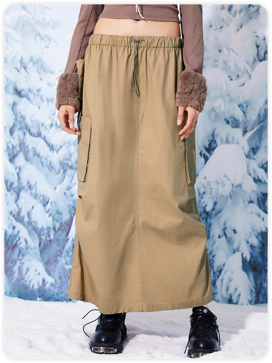 Edgy Khaki pockets Bottom Skirt