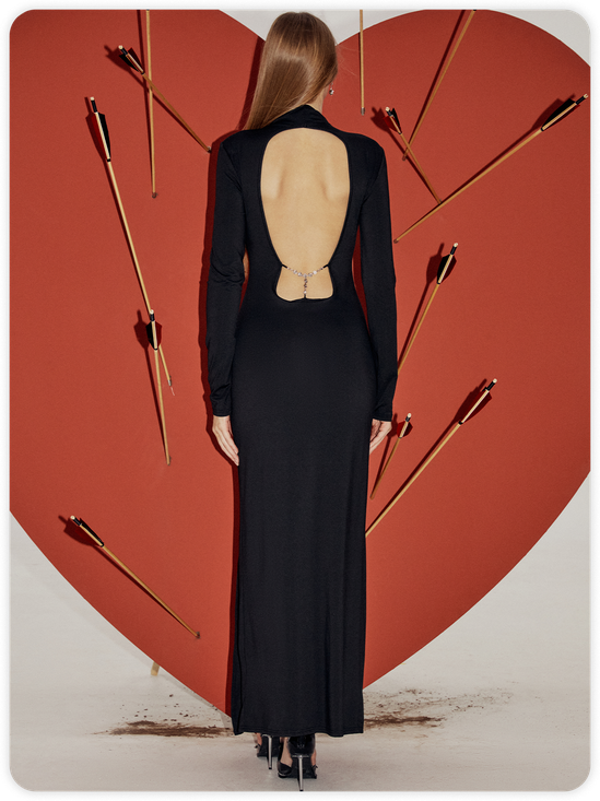 【Final Sale】Edgy Black Backless Side Slit Metal Chain Dress Midi Dress