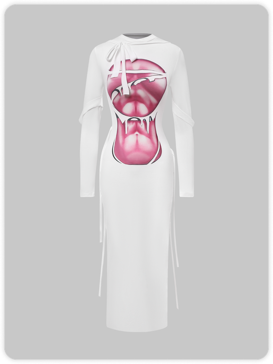 Y2K White Body Print Dress Midi Dress