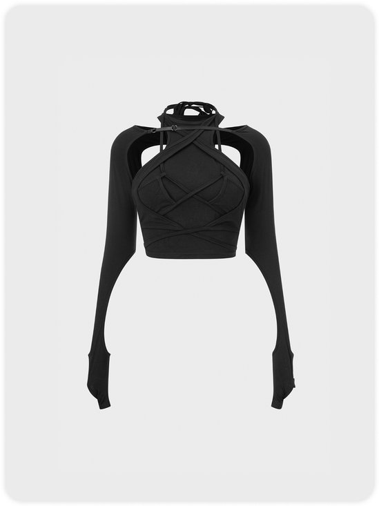 Y2K Criss Cross Cut Out Top Ribbed knit Long Sleeve Crop Top