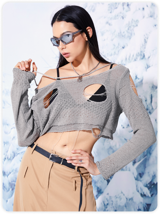 Street Gray Asymmetrical Design Cut Out Top Sweater