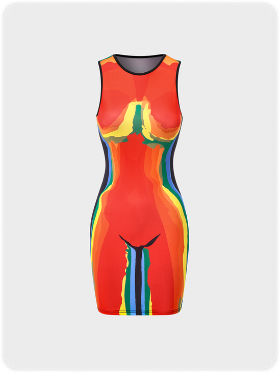 【Final Sale】Edgy Red Body Print Ombre Thermostimulative Party Dress Mini Dress