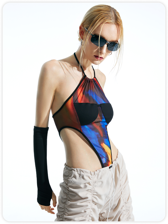 【Final Sale】Edgy Multicolor Halter Patchwork Backless Bodysuit