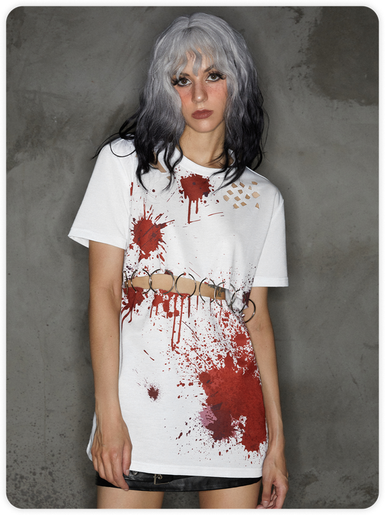 Punk White Graffiti Metal Cut Out Halloween Top T-Shirt