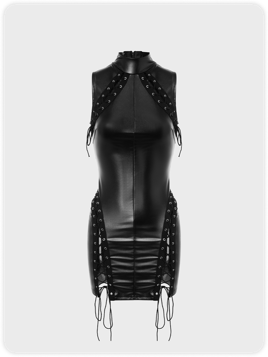 Edgy Black Lace Up Leather Dress Mini Dress