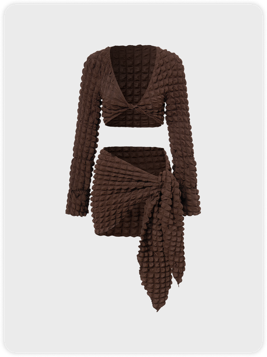 Edgy Brown Tie Front Twist Wrinkled Two-Piece Set