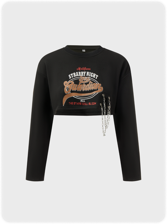 【Final Sale】Y2K Black Graphic Metal Chain Zip Up Top Sweater