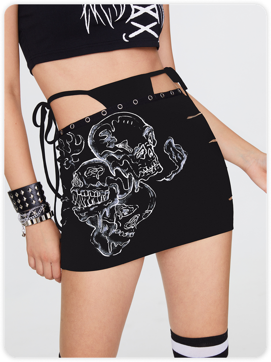 Punk Black Lace-Up Design Skull Cut Out Halloween Bottom Skirt
