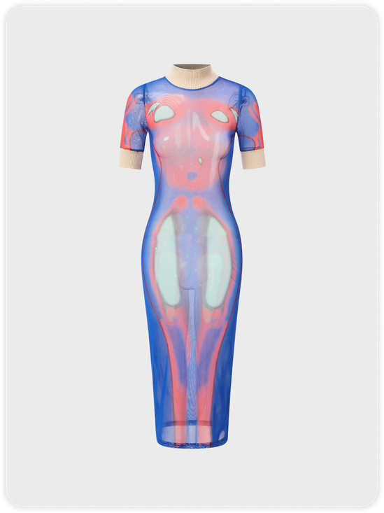 Y2K Multicolor Mesh Body Print Thermostimulative Party Dress Midi Dress