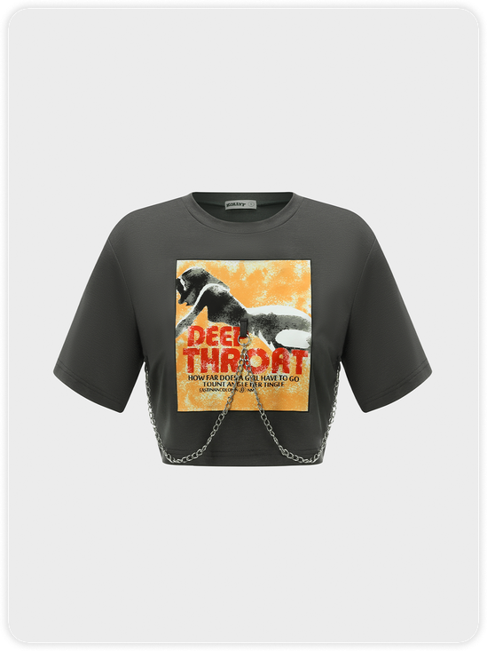 【Final Sale】Street Gray Graphic Metal Chain Top T-Shirt