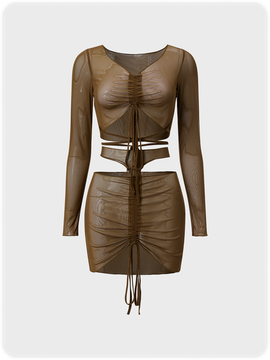 【Final Sale】Edgy Brown Mesh Lace Up Drawstring Two-Piece Set