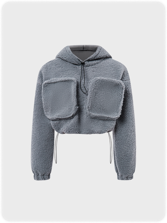 Y2K Gray Sherpa Pockets Drawstring Top Hoodie & Sweatshirt